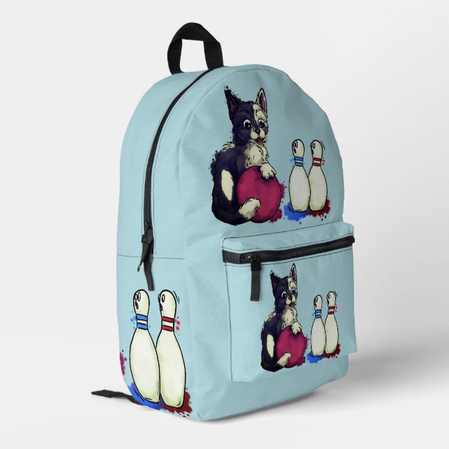 Cat Play Bowling Bedruckter Rucksack (Rückseitige Ecke links)