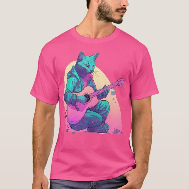 Cat Playing auf akustische Gitarre T-Shirt (Vorderseite)