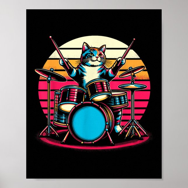 Cat Playing Drums Drummer Novelty Music Lover Funn Poster (Vorne)
