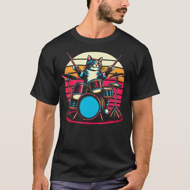 Cat Playing Drums Drummer Novelty Music Lover Funn T-Shirt (Vorderseite)