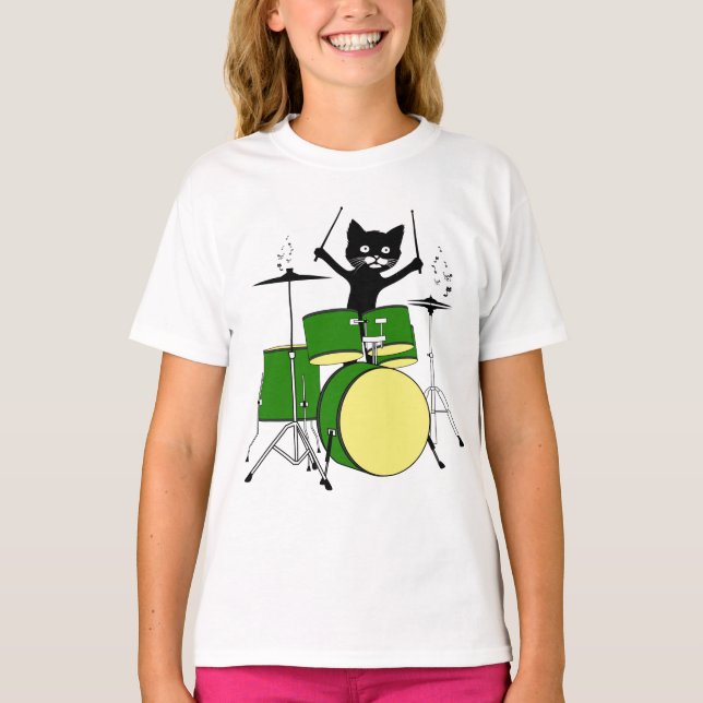 Cat Playing Drums, Funny Cat Playing Drums T-Shirt (Vorderseite)