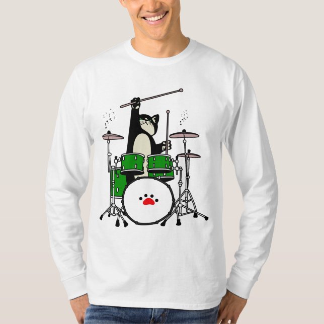 Cat Playing Drums, Funny Cat Playing Drums T-Shirt (Vorderseite)