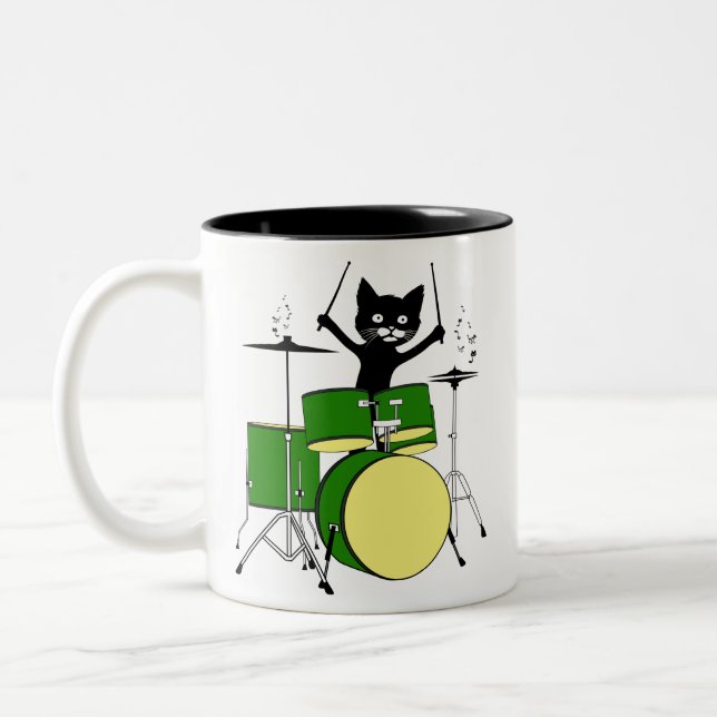 Cat Playing Drums, Funny Cat Playing Drums Zweifarbige Tasse (Links)