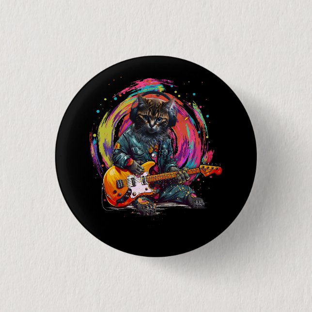 Cat Playing Electric Gitarre Rock Heavy Metal Musi Button (Vorderseite)