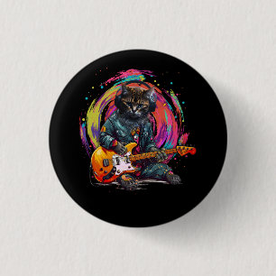 Cat Playing Electric Gitarre Rock Heavy Metal Musi Button