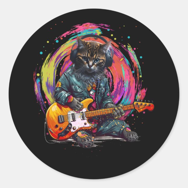 Cat Playing Electric Gitarre Rock Heavy Metal Musi Runder Aufkleber (Vorderseite)