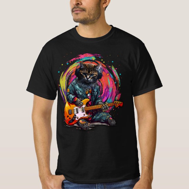 Cat Playing Electric Gitarre Rock Heavy Metal Musi T-Shirt (Vorderseite)