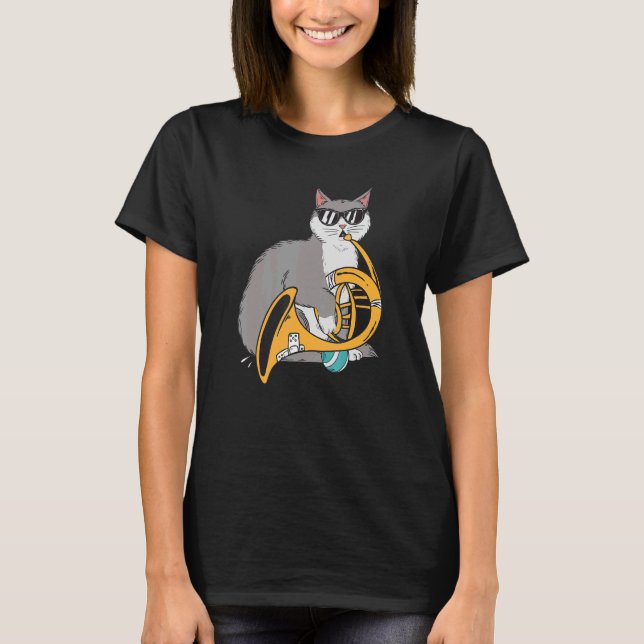 Cat Playing French Horn Playing Music Black Glasse T-Shirt (Vorderseite)