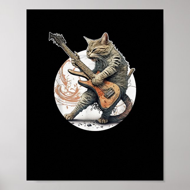Cat Playing Gitarre Rock Cat Heavy Metal Cat Mus Poster (Vorne)