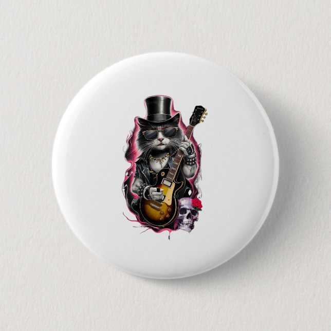 Cat Playing Gitarre Rock & Roll 80er 90s Rock Band Button (Vorderseite)