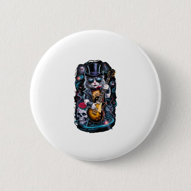 Cat Playing Gitarre Rock & Roll 80er 90s Rock Band Button (Vorderseite)