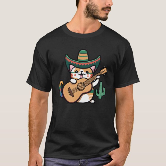 Cat Playing Guitar Cinco De Mayo Cat Sombrero Mexi T-Shirt (Vorderseite)