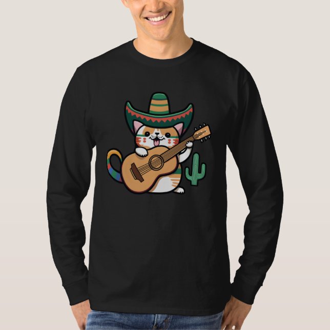 Cat Playing Guitar Cinco De Mayo Cat Sombrero Mexi T-Shirt (Vorderseite)
