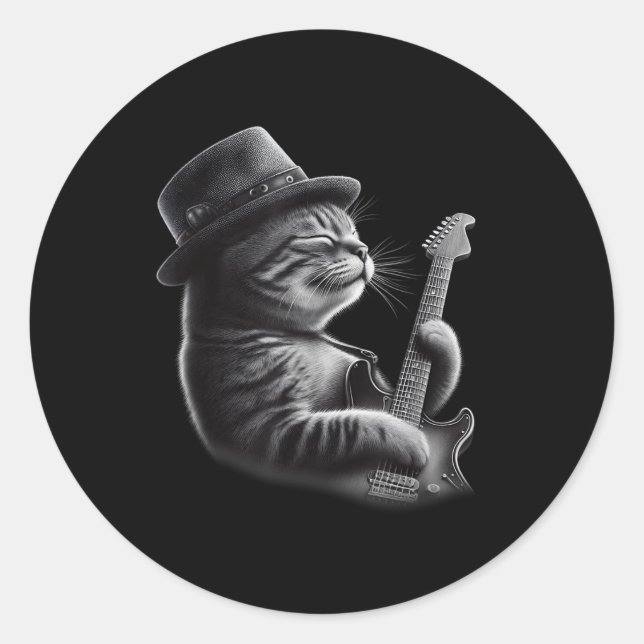 Cat Playing Guitar - Funny Rock Music Gitarre Katz Runder Aufkleber (Vorderseite)