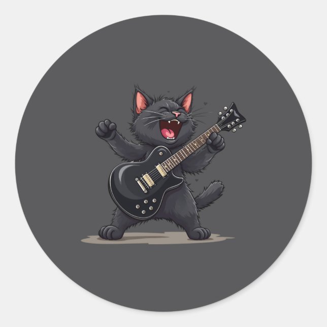 Cat Playing Guitar Rock And Roll Rock Star Funny  Runder Aufkleber (Vorderseite)