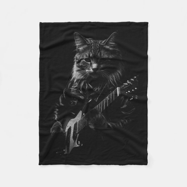 Cat Playing Guitar Rock Star Rock And Roll Men Wom Fleecedecke (Vorderseite)