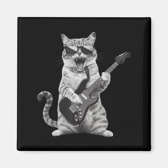 Cat Playing Guitar Rock Star Rock And Roll Men Wom Magnet (Vorne)
