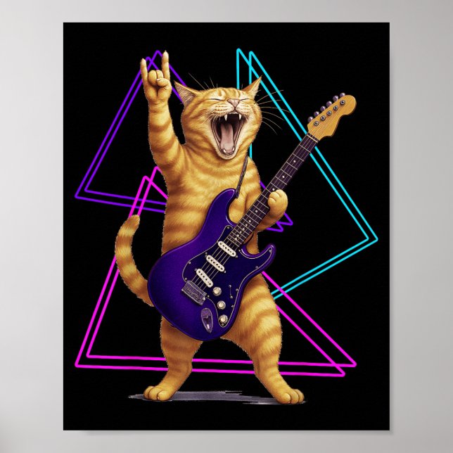 Cat Playing Guitar Rock Star Rock And Roll Men Wom Poster (Vorne)