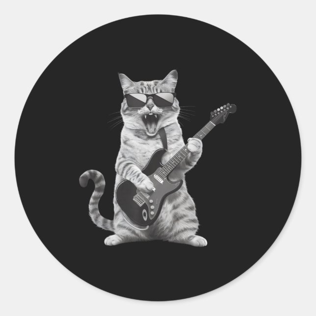 Cat Playing Guitar Rock Star Rock And Roll Men Wom Runder Aufkleber (Vorderseite)
