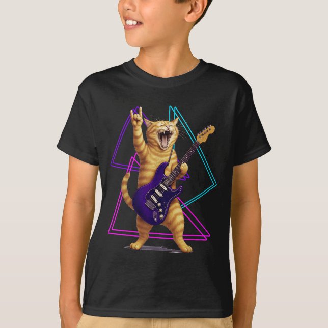 Cat Playing Guitar Rock Star Rock And Roll Men Wom T-Shirt (Vorderseite)