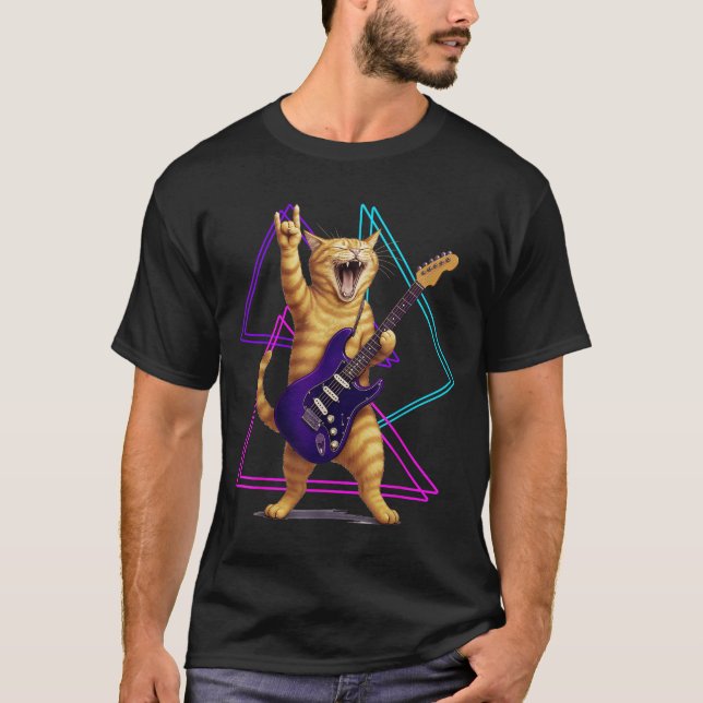 Cat Playing Guitar Rock Star Rock And Roll Men Wom T-Shirt (Vorderseite)