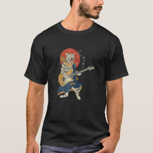 Cat Playing Guitar Ukiyo E Samurai Japanese Warrio T-Shirt