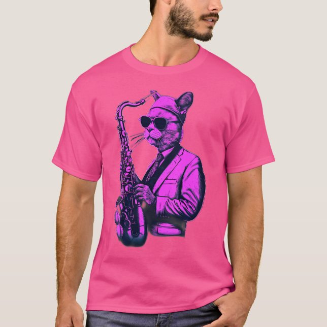 Cat Playing Jazz auf Saxophon T-Shirt (Vorderseite)