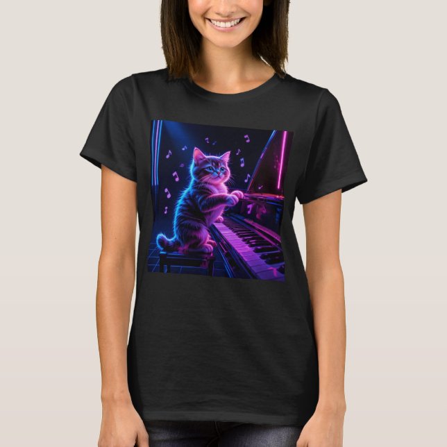 Cat Playing Piano Musik Lover Funny T-Shirt (Vorderseite)