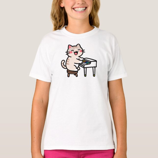 Cat Playing Piano T-Shirt (Vorderseite)