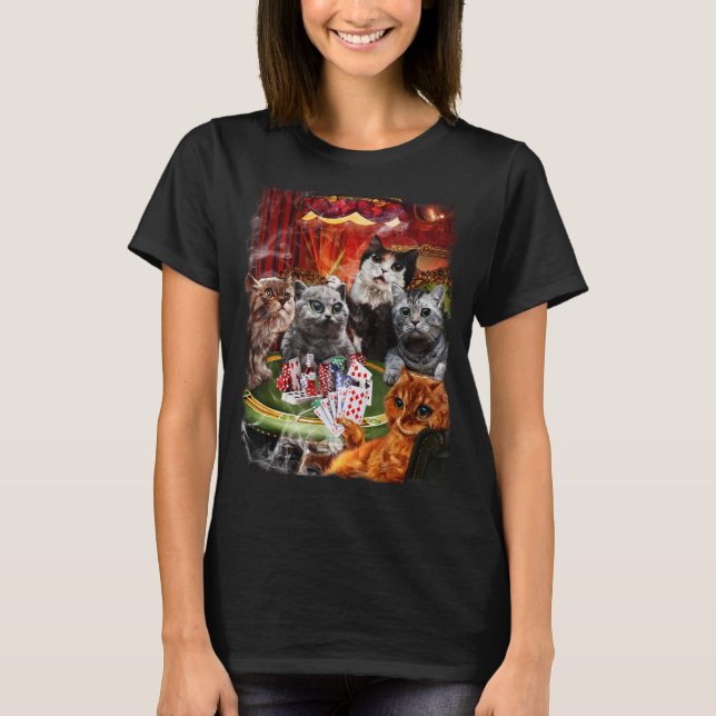 Cat Playing Poker Cards T-Shirt (Vorderseite)