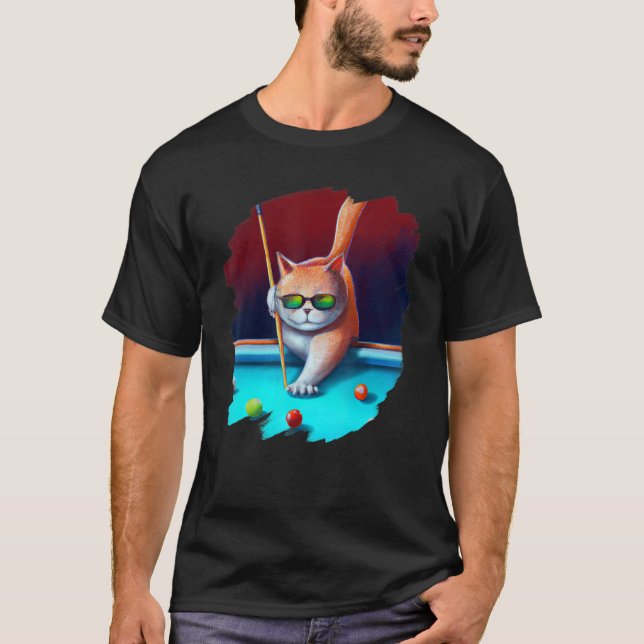 Cat Playing Pool Billard in Lounge Coole Katzen 1 T-Shirt (Vorderseite)