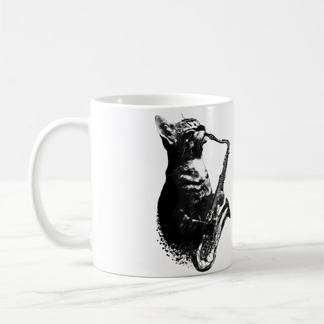 Cat Playing Saxophone Funny Cat Jazz Sax Music Sax Kaffeetasse (Links)