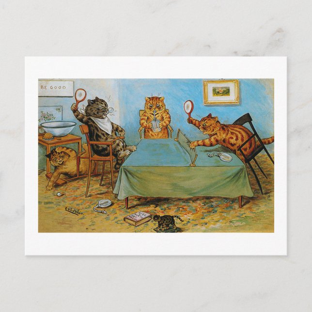 Cat Playing Tischtennis, Louis Wain Postkarte (Vorderseite)