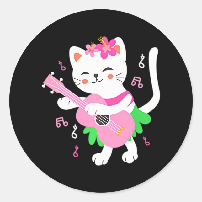 Cat Playing Ukulele Pocket Player Hawaiian Runder Aufkleber (Vorderseite)
