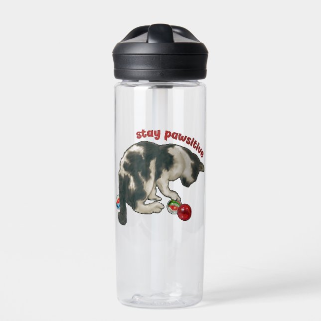 Cat Playing with MARBLES, Stay Pawsitive, Pun Trinkflasche (Vorderseite)
