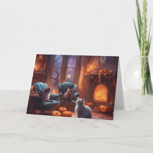 Cat pondering on Halloween in a cozy living room Karte (Vorderseite)