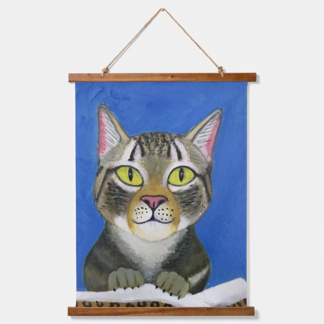 Cat Portrait Wood Topped Wall Tapestry Wandteppich Mit Holzrahmen (Vorderseite)