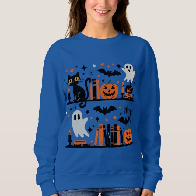 Cat Pumpkin Bat Spider Halloween Buchkerze Sweatshirt (Vorderseite)