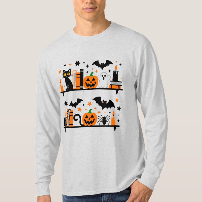 Cat Pumpkin Bat Spider Halloween Buchkerze T-Shirt (Vorderseite)