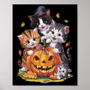 Cat Pumpkin Halloween Floral Spooky Jahreszeit Vin Poster