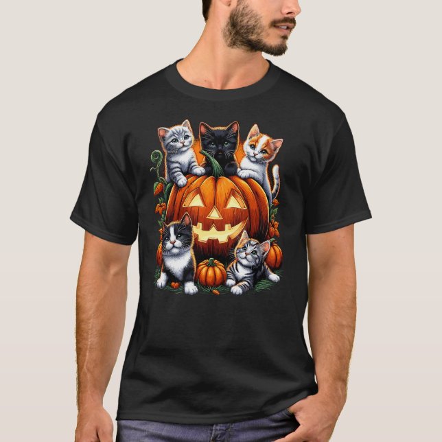 Cat Pumpkin Halloween Retro Floral Spooky T-Shirt (Vorderseite)