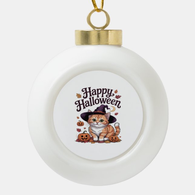 Cat Pumpkin Happy Halloween Keramik Kugel-Ornament (Vorderseite)
