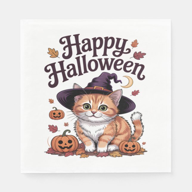 Cat Pumpkin Happy Halloween Serviette (Vorderseite)