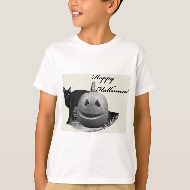 Cat & Pumpkin Happy Halloween T - Shirt (Vorderseite)