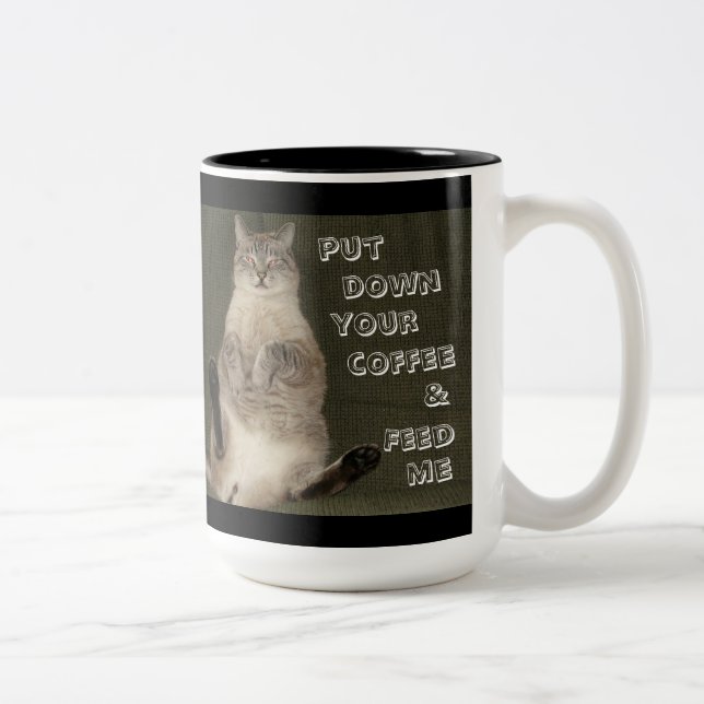 Cat "PUT DOWNY YOUR COFFEE & FÜTTRE ME" Tasse (Rechts)