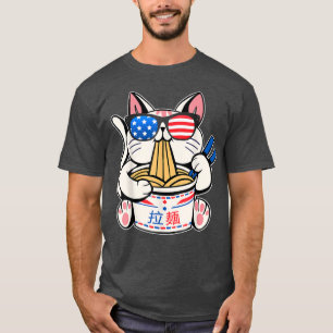 Cat Ramen Anime American Flag USA 4. Juli essen  T-Shirt