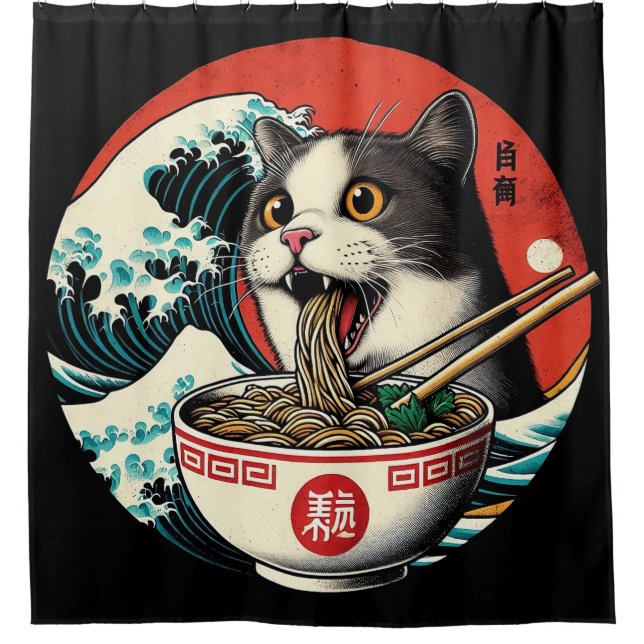 Cat Ramen Japanese Art Vintage Style Duschvorhang (Vorderseite)