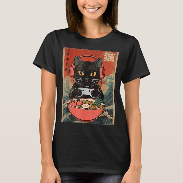 Cat Ramen Japanese Funny Graphic Kawaii Anime  T-Shirt (Vorderseite)