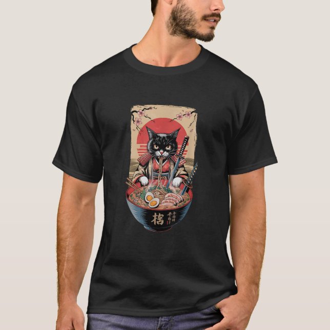 Cat Ramen Japanese Funny Graphic Kawaii Samurai Ca T-Shirt (Vorderseite)
