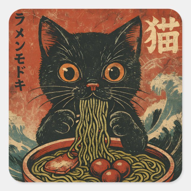 Cat Ramen Japanisch Funny Graphic Kawaii Cat Anime Quadratischer Aufkleber (Vorderseite)
